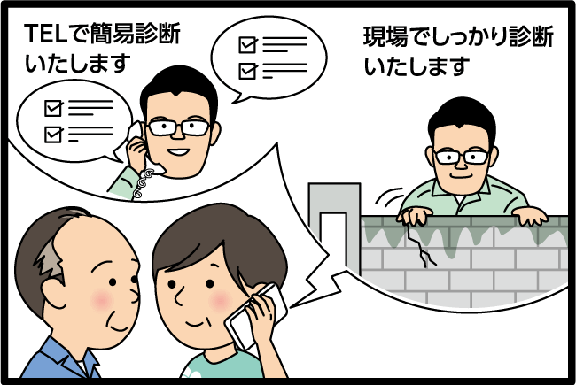 「TELで簡易診断いたします」「現場でしっかり診断いたします」